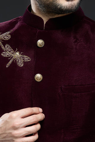 Wine velvet jodhpur jacket with dragonfly embroidery and ivory pant set