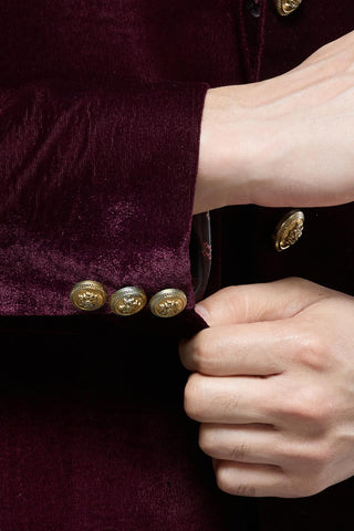 Wine velvet jodhpur jacket with dragonfly embroidery and ivory pant set