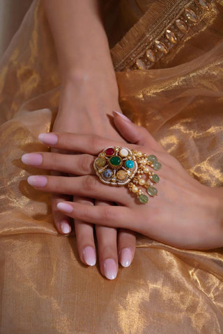 Heritage Ring for Indian Weddings – Multicolor Navratna Pearl Drop by Amraani