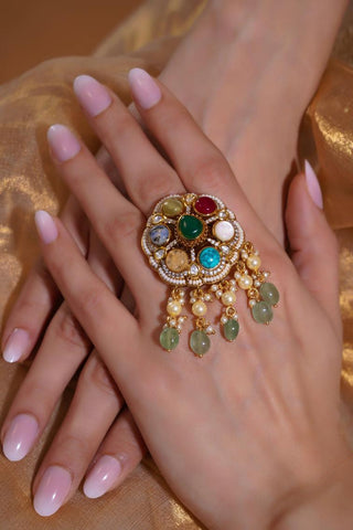 Heritage Ring for Indian Weddings – Multicolor Navratna Pearl Drop by Amraani