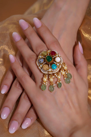 Heritage Ring for Indian Weddings – Multicolor Navratna Pearl Drop by Amraani