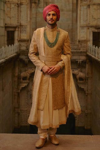 Gold sherwani set for Indian Wedding – Tussar Umang Sherwani by Nitika Gujral