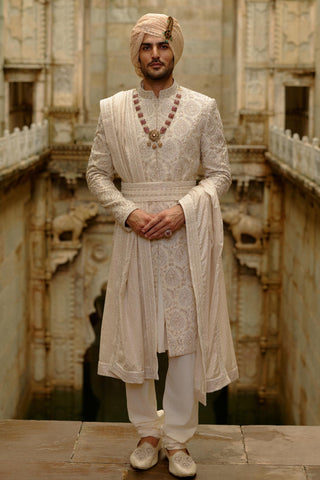 Beige sherwani set for Indian Wedding – Raw Silk Umang Sherwani by Nitika Gujral