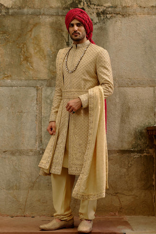 Gold sherwani set for Indian Wedding – Raw Silk Umang Sherwani by Nitika Gujral