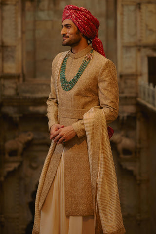 Gold sherwani set for Indian Wedding – Tussar Umang Sherwani by Nitika Gujral