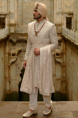 Beige sherwani set for Indian Wedding – Raw Silk Umang Sherwani by Nitika Gujral