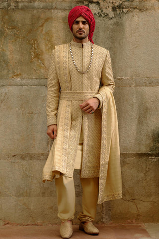 Gold sherwani set for Indian Wedding – Raw Silk Umang Sherwani by Nitika Gujral