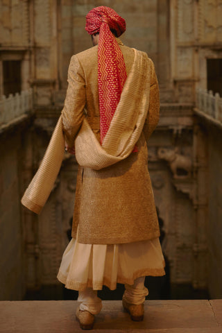 Gold sherwani set for Indian Wedding – Tussar Umang Sherwani by Nitika Gujral