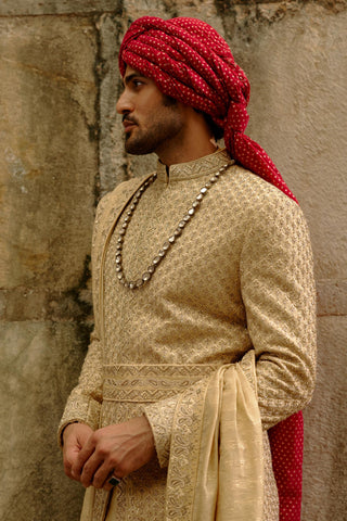 Gold sherwani set for Indian Wedding – Raw Silk Umang Sherwani by Nitika Gujral