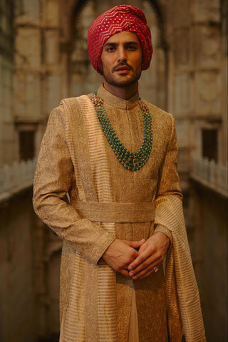 Gold sherwani set for Indian Wedding – Tussar Umang Sherwani by Nitika Gujral