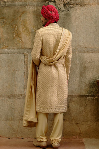 Gold sherwani set for Indian Wedding – Raw Silk Umang Sherwani by Nitika Gujral