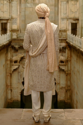 Beige sherwani set for Indian Wedding – Raw Silk Umang Sherwani by Nitika Gujral
