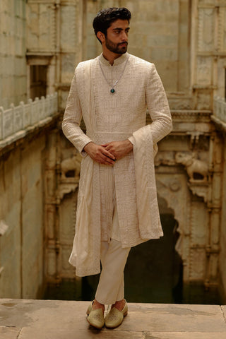 Beige sherwani set for Indian Wedding – Embroidered Umang Sherwani by Nitika Gujral
