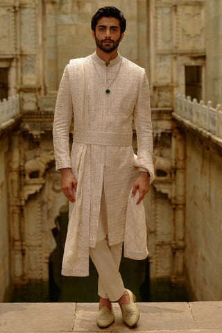 Beige sherwani set for Indian Wedding – Embroidered Umang Sherwani by Nitika Gujral