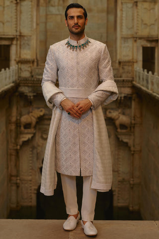 Grey sherwani set for Indian Wedding – Embroidered Umang Sherwani by Nitika Gujral