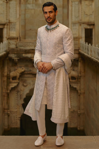 Grey sherwani set for Indian Wedding – Embroidered Umang Sherwani by Nitika Gujral