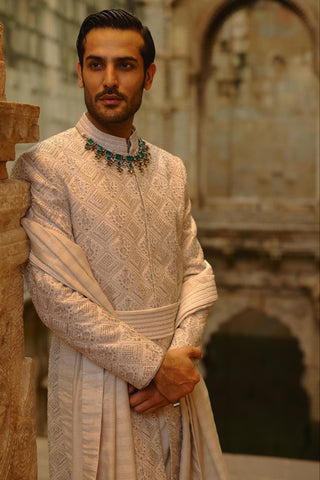 Grey sherwani set for Indian Wedding – Embroidered Umang Sherwani by Nitika Gujral