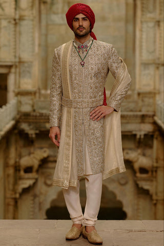 Gold sherwani set for Indian Wedding – Zardozi Umang Sherwani by Nitika Gujral