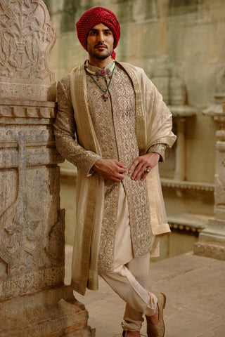 Gold sherwani set for Indian Wedding – Zardozi Umang Sherwani by Nitika Gujral