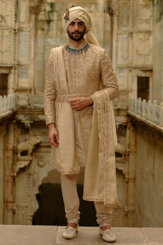 Gold sherwani set for Indian Wedding – Banarasi Umang Sherwani by Nitika Gujral