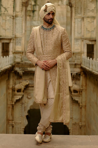 Gold sherwani set for Indian Wedding – Banarasi Umang Sherwani by Nitika Gujral