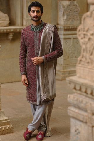 Burgundy sherwani set for Indian Wedding – Raw Silk Umang Sherwani by Nitika Gujral