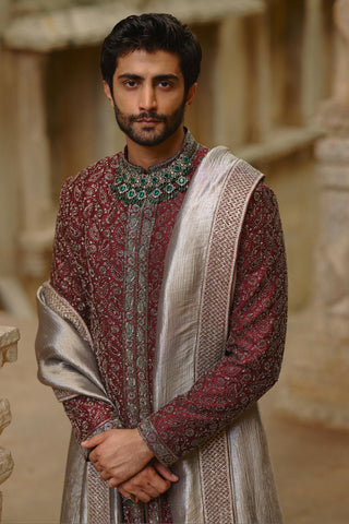 Burgundy sherwani set for Indian Wedding – Raw Silk Umang Sherwani by Nitika Gujral
