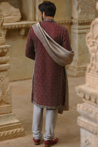 Burgundy sherwani set for Indian Wedding – Raw Silk Umang Sherwani by Nitika Gujral