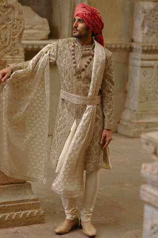 Gold sherwani set for Indian Wedding – Twill Umang Sherwani by Nitika Gujral