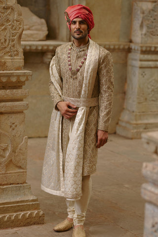 Gold sherwani set for Indian Wedding – Twill Umang Sherwani by Nitika Gujral