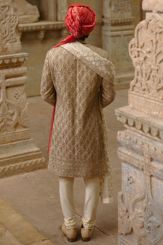 Gold umang twill woven sherwani set