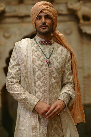 Ivory sherwani set for Indian Wedding – Taffeta Umang Sherwani by Nitika Gujral