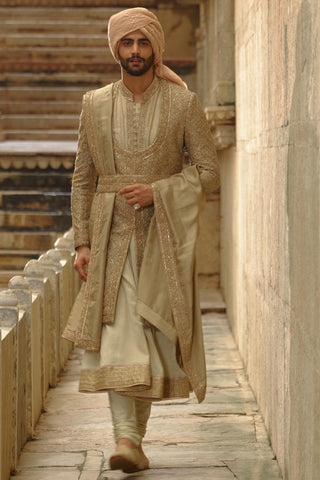 Green sherwani set for Indian Wedding – Raw Silk Umang Sherwani by Nitika Gujral