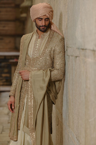 Green sherwani set for Indian Wedding – Raw Silk Umang Sherwani by Nitika Gujral