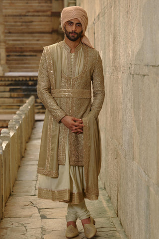 Green sherwani set for Indian Wedding – Raw Silk Umang Sherwani by Nitika Gujral