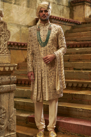 Cream sherwani set for Indian Wedding – Taffeta Umang Sherwani by Nitika Gujral