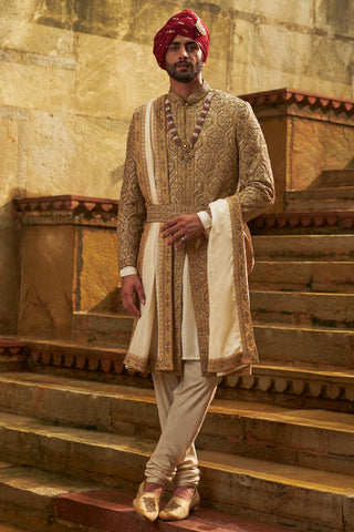 Gold sherwani set for Indian Wedding – Dupion Silk Umang Sherwani by Nitika Gujral