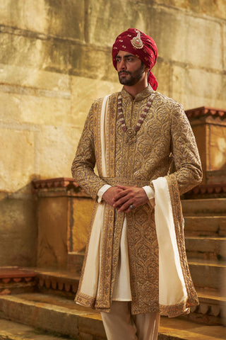 Gold sherwani set for Indian Wedding – Dupion Silk Umang Sherwani by Nitika Gujral