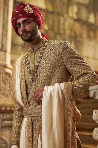 Gold sherwani set for Indian Wedding – Dupion Silk Umang Sherwani by Nitika Gujral