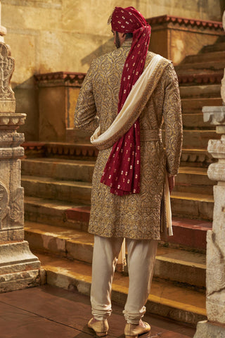 Gold sherwani set for Indian Wedding – Dupion Silk Umang Sherwani by Nitika Gujral