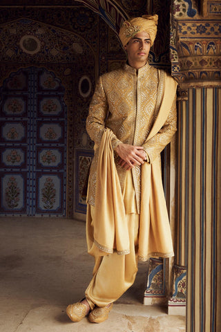 Raw Silk Short Sherwani for Indian Wedding – Gold Kashish by Nitika Gujral