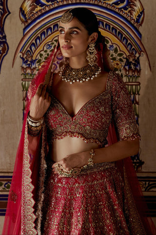 Lehenga set for Indian Wedding – Red Embroidered Kashish by Nitika Gujral