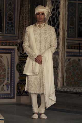 Raw Silk Sherwani for Indian Wedding – Peach Kashish by Nitika Gujral
