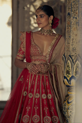 Lehenga set for Indian Wedding – Red Kashish Net Dupatta by Nitika Gujral