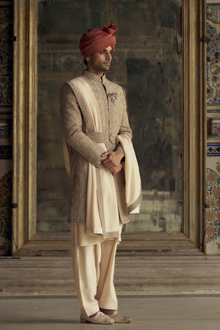 Raw Silk Sherwani for Indian Wedding – Brown Kashish by Nitika Gujral