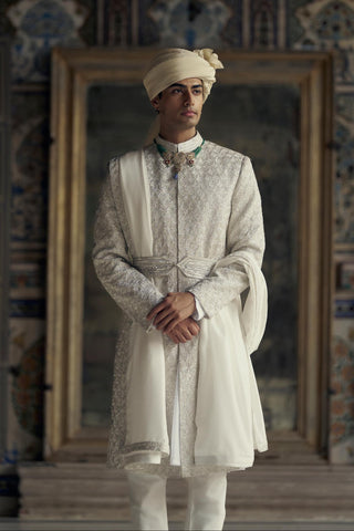 Raw Silk Sherwani for Indian Wedding – Ivory Kashish Embroidered by Nitika Gujral
