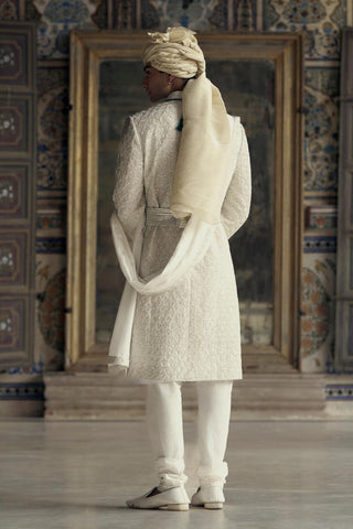 Raw Silk Sherwani for Indian Wedding – Ivory Kashish Embroidered by Nitika Gujral