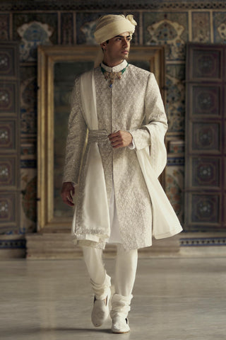 Raw Silk Sherwani for Indian Wedding – Ivory Kashish Embroidered by Nitika Gujral