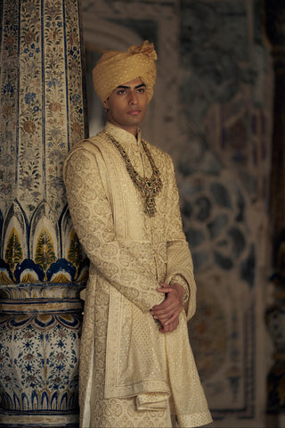 Raw Silk Sherwani for Indian Wedding – Gold Kashish Embroidered by Nitika Gujral