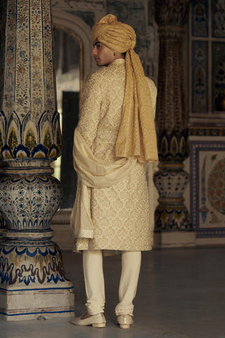 Raw Silk Sherwani for Indian Wedding – Gold Kashish Embroidered by Nitika Gujral